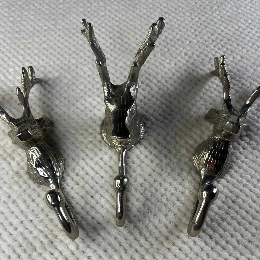 Silver Metal Stag‎ Head Wall Hooks Set of 3 Deer Antler Rustic Lodge Decor